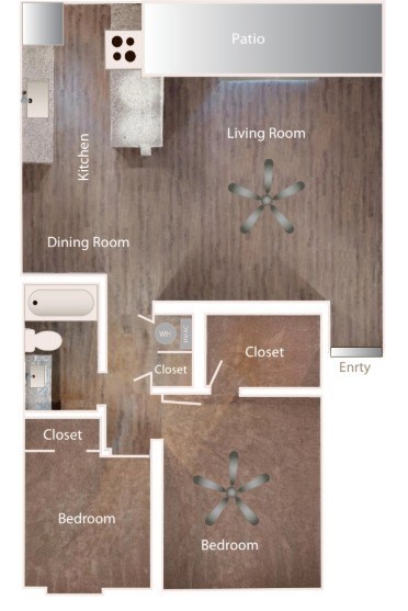 A diagram shows a floor plan of a house with a patio, kitchen, dining room, living room, two bedrooms, and two closets.